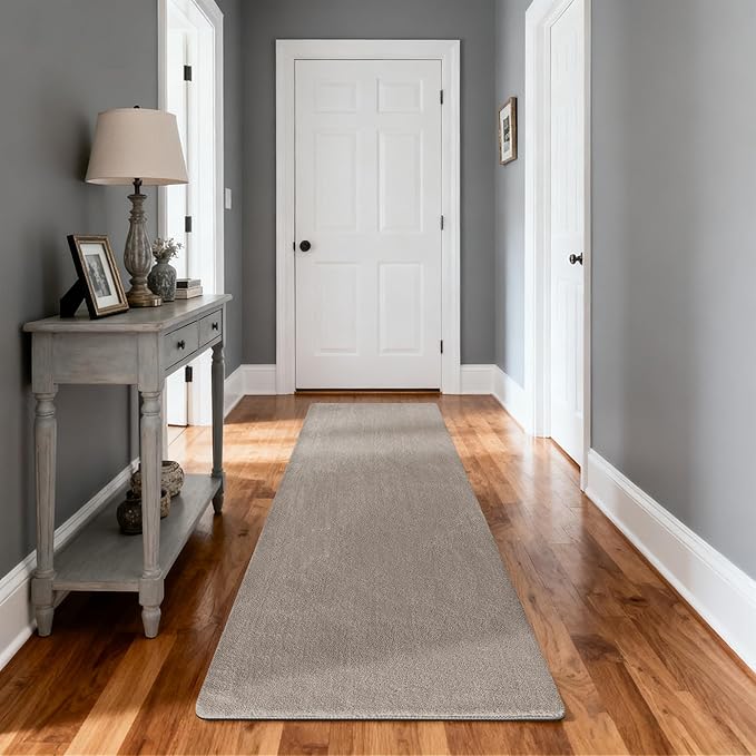 PURE ERA Carpet Stair Tread Landing Mat Area Rug Ultra Plush Shag Soft Non Slip Skid Resistant Tape Free Indoor Doormat Washable Reusable Cream Gray 2' X 6'