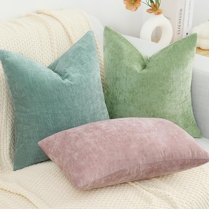 decorUhome Chenille Sage Green Spring Throw Pillow Covers 12x20 Inch Set of 2, Decorative Soft Couch Pillow Covers Solid Dyed Accent Farmhouse Neutral Rectangle Pillow Cases for Sofa