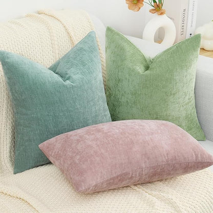 decorUhome Chenille Sage Green Spring Throw Pillow Covers 12x20 Inch Set of 2, Decorative Soft Couch Pillow Covers Solid Dyed Accent Farmhouse Neutral Rectangle Pillow Cases for Sofa