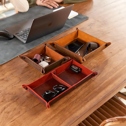 Handmade Leather Catch All Tray and Organizer for Keys, Phones, Jewels, Coins, Rectangular, Deep Brown