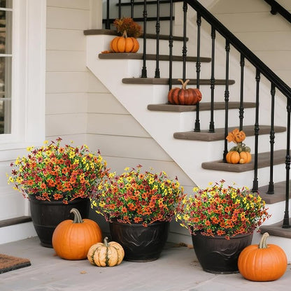 Artificial Flowers for Outdoors Fake Plants Spring Home Decoration, 12 Bundles Realistic Faux Flower Daisy with Eucalyptus Stem UV Resistant for Patio Planter Porch Yard (Yellow Brown Orange)