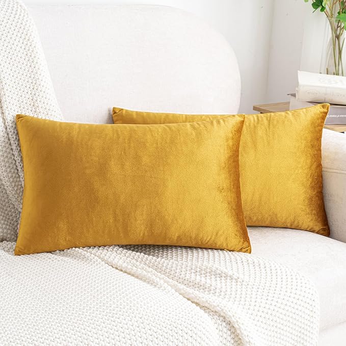 HWY 50 Dark Gold Velvet Rectangular Throw Pillow Covers 12x20 Inch, Pack of 2 Soft Cozy Solid Decorative Luxury Cushion Cases for Couch Sofa Bed Living Room Bedroom