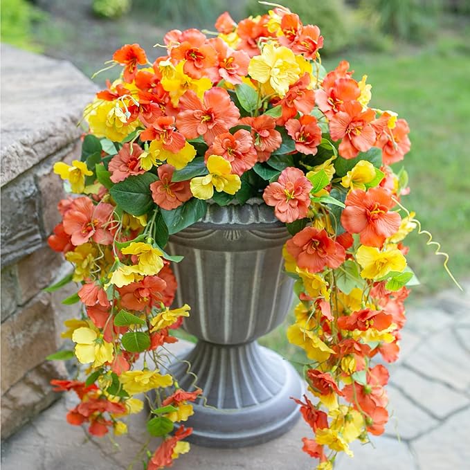 HyeFlora Hibiscus Fall Flowers Artificial Hanging Flowers Plants for Outdoors Autumn Decoration, 2pcs Silk Hibiscus Vines Realistic UV Resistant Faux Flowers for Outside Planters Yard Garden Home, Mix