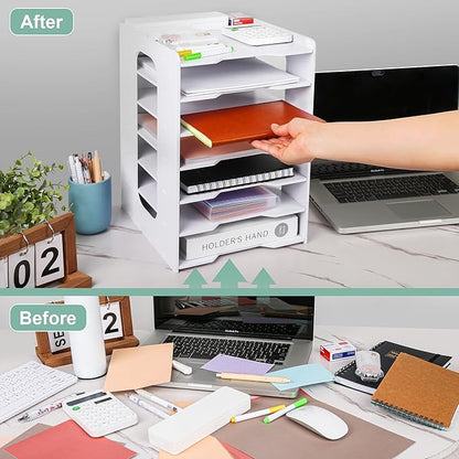 Paper Organizer Storage for Desk, 7 Tier Construction File Organizer Paper Sorter, Desktop Document Storage Holder for Home Office School, White