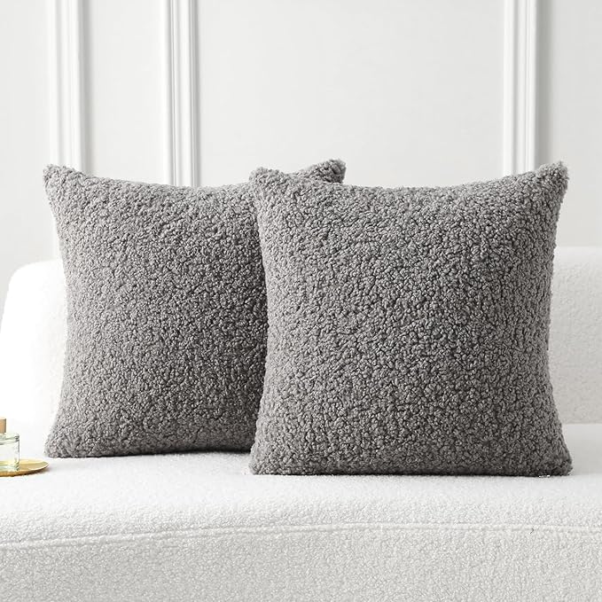 FUTEI Dark Grey Throw Pillow Covers 24x24 Inch Set of 2,Furry Faux Fur Teddy Boucle Textured Cushion Covers,Soft Fluffy European Pillow Shams,Home Decor for Couch Bed Living Room Office Car