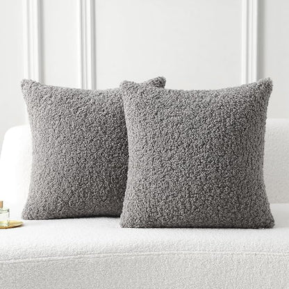 FUTEI Dark Grey Throw Pillow Covers 24x24 Inch Set of 2,Furry Faux Fur Teddy Boucle Textured Cushion Covers,Soft Fluffy European Pillow Shams,Home Decor for Couch Bed Living Room Office Car