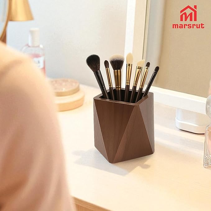 Geometric Pencil Holder, Wooden Pen Holder, Wood Cute Prismatic Storage Pot Cup Organizer Stand, Black Walnut, Multi-functional Accessories for Desktop, Office, School Supplies, Makeup Brushes, Home