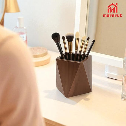Geometric Pencil Holder, Wooden Pen Holder, Wood Cute Prismatic Storage Pot Cup Organizer Stand, Black Walnut, Multi-functional Accessories for Desktop, Office, School Supplies, Makeup Brushes, Home