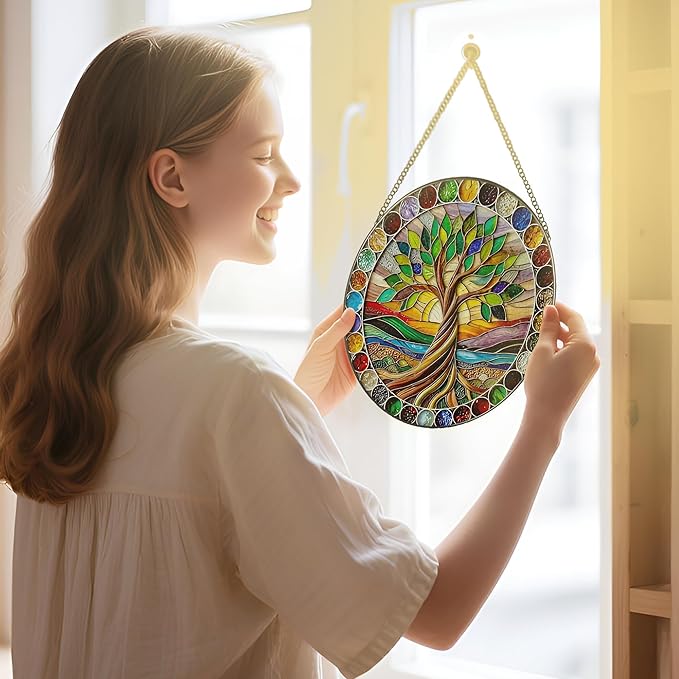 8-Inch Colorful Tree of Life Stained Glass Suncatcher & Ornament – Stained Glass Window Hanging & Decor, Sun Catchers for Windows Indoor, Gifts for Women, Gifts for Christmas, Housewarming Gift