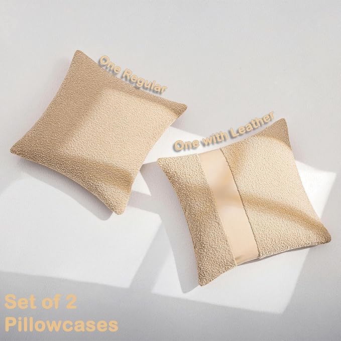 18"x18" Khaki Boucle Throw Pillow Covers with Faux Leather Accents Set of 2 Fluffy Textured Decorative Pillow Cases for Couch Bed Boho Farmhouse Square Cushion Covers for Nordic Home Décor