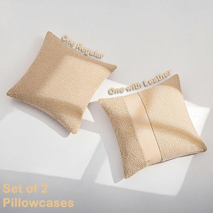 18"x18" Khaki Boucle Throw Pillow Covers with Faux Leather Accents Set of 2 Fluffy Textured Decorative Pillow Cases for Couch Bed Boho Farmhouse Square Cushion Covers for Nordic Home Décor