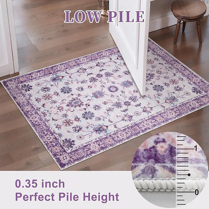 Tangsoo 4x6 Washable Area Rugs Non Slip, Boho Distressed Vintage Purple Floral Throw Rug for Bedroom Nursery, Soft Low Pile Floor Carpet Indoor Mat for Entrance Bedside Kitchen Office Farmhouse