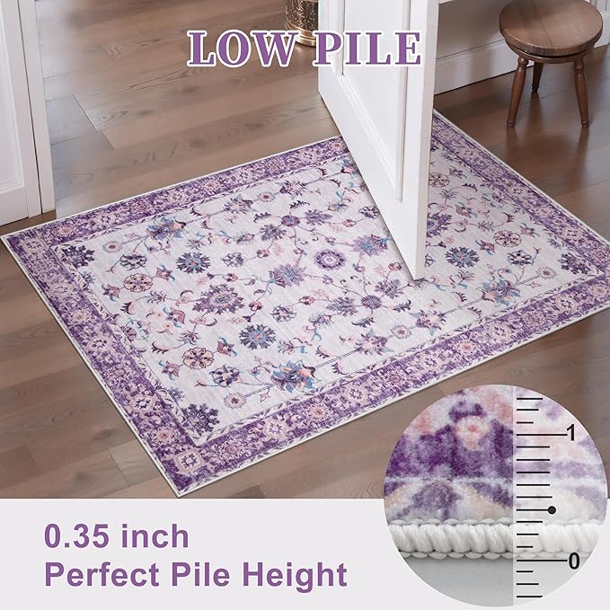 Tangsoo Runner Rug Hallway 2x6 Washable Carpet Runner Boho Vintage Floral Distressed Print Non Slip Soft Low-Pile Indoor Rug for Kitchen, Entryway, Bedroom, Laundry, Hallway Runner (Purple)
