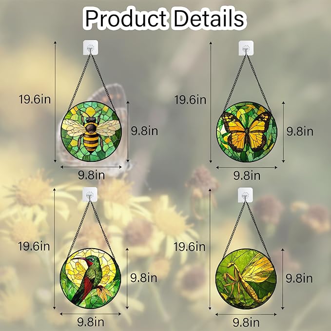 DASTOLL Stained Glass Window Hanging 4 Pcs Set Green Plants Yellow Insect Theme 6.3" - Suncatcher Door Garden Sun Catcher Decor Birthday Christmas for Mom Woman Nana Men