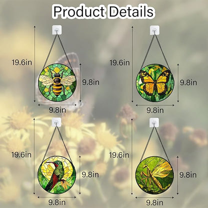 DASTOLL Stained Glass Window Hanging 4 Pcs Set Green Plants Yellow Insect Theme 6.3" - Suncatcher Door Garden Sun Catcher Decor Birthday Christmas for Mom Woman Nana Men