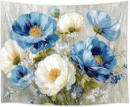 DYNH Blue White Floral Tapestry,Natural Aesthetics Elegant Tapestrie,Modern Flower Painting Wall Hanging,Watercolor Aesthetic Art Decor for Bedroom Living Room Dorm,60X50 In