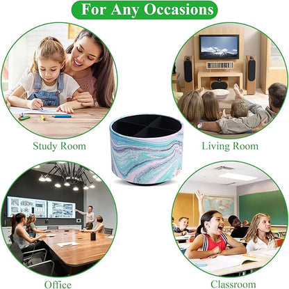 Round Leather Art Supply Organizer,Remote Control Holder,360-degree Rotating Pen Organizer with 4 Compartments(1-Pink Green Splash Ink)