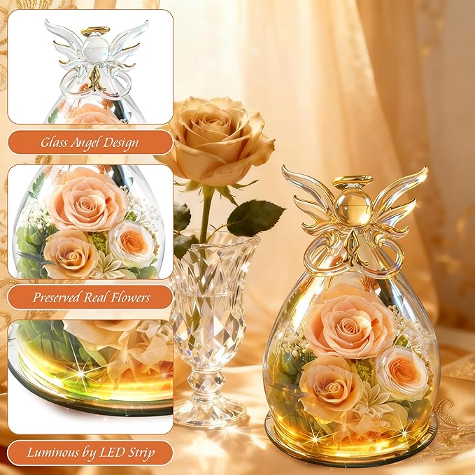 MOKOQI Valentines Day Gift for Her Birthday Gifts for Women | Forever Rose Preserved Flower in Glass Flowers for Delivery, Real Rose Angel Figurine for Mom Grandma Mother’s Day Christmas Gifts