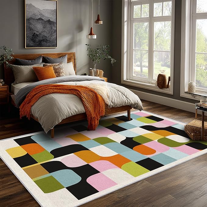 Mid Century Rug 3x5 Retro Abstract Geometric Pattern, Washable Living Room Bedroom Area Rugs, Mid Century Decor for Home, Soft Non Slip Indoor Carpet, Low Pile Design & G838