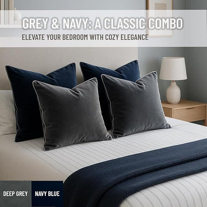 2 Pack Velvet Decorative Throw Pillow Covers, 20"x20", Deep Grey, Solid, Modern, Contrast Piping, Indoor Use, Bedroom & Living Room