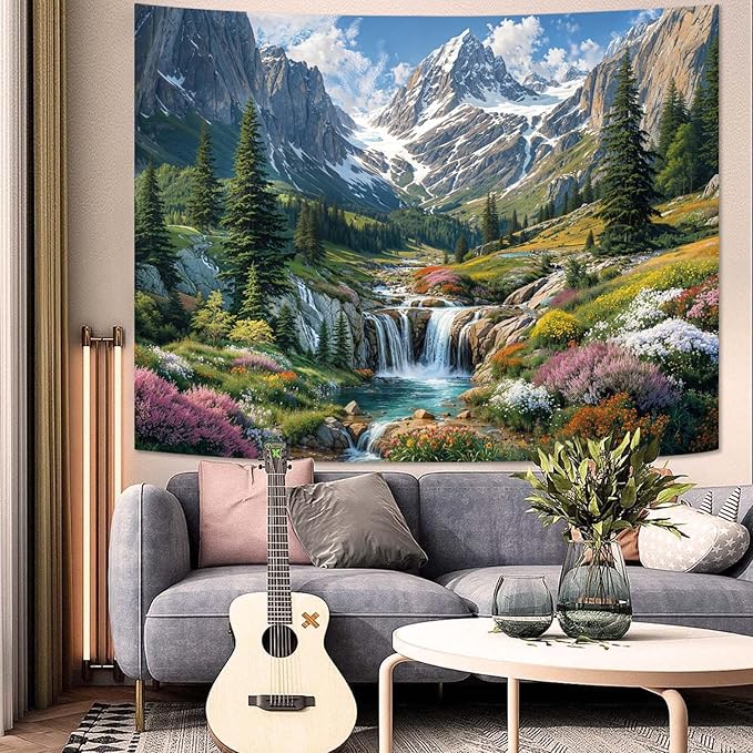 kampdream Snow Mountain Tapestry, Majestic Peaks and Creek Landscape Wall Hanging, Nature Home Decor for Bedroom and Living Room Wall Art Decoration