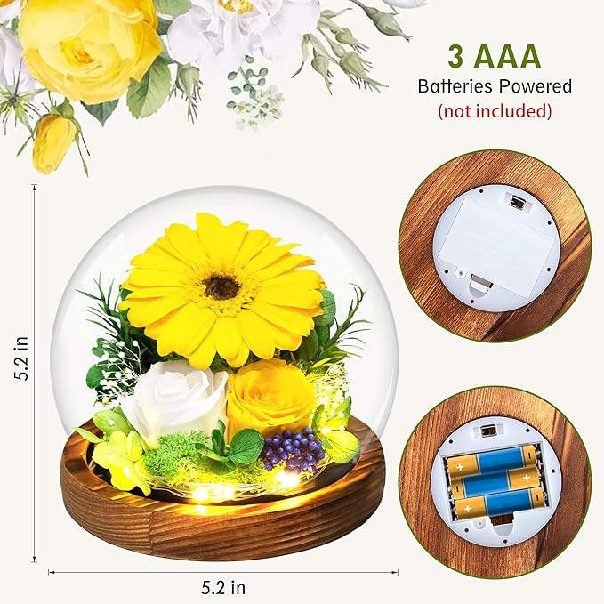 Sunflower Gifts for Women Mom Valentines Day Gifts for Her Preserved Real Flowers in Glass Dome with LED Strip, Forever Flowers Gifts for Wife Girlfriend Mom on Mother Day Birthday Christmas