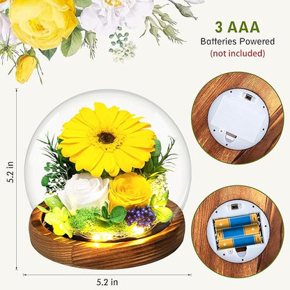 Sunflower Gifts for Women Mom Valentines Day Gifts for Her Preserved Real Flowers in Glass Dome with LED Strip, Forever Flowers Gifts for Wife Girlfriend Mom on Mother Day Birthday Christmas