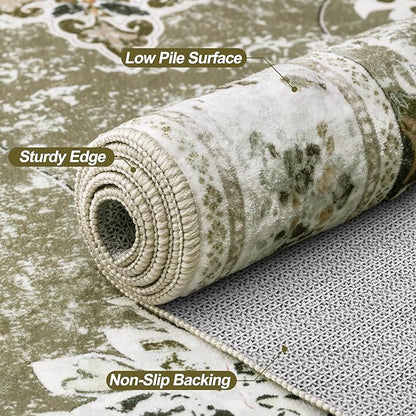 Tangsoo Floral Area Rug 8x10 Washable Vintage Carpet, Non-Slip Low Pile Large Rug for Living Room, Bedroom, Dining Room, Farmhouse, Kids Room Soft Distressed Boho Accent Rug for Home Décor