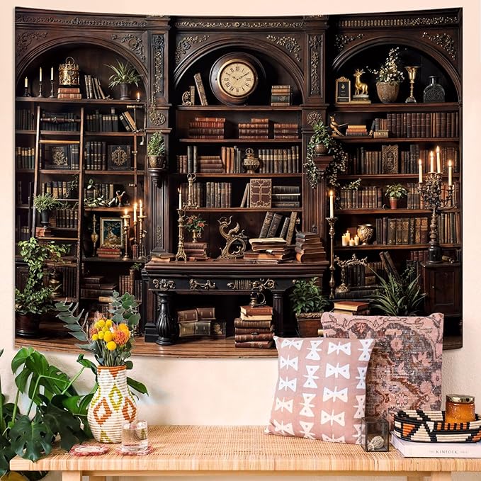 YEXIT Vintage Bookshelf Tapestriey, Retro Library backdrop Wall Tapestries, Old Books on Shelf Classical Study Room Living Room Dorm Bedroom 36×48 inch
