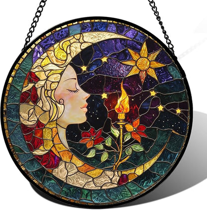 DASTOLL Stained Glass Window Hanging, Moon Goddess Torch Suncatcher Diamond Glass Panel Hangings Dream Sun Catchers Decor for Birthday for Women, Men, Wife, Aunt, and Mom 14.9x14.9 in