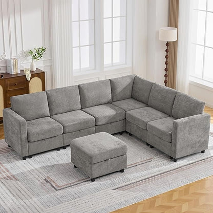 104'' V Shaped Modular Sofa, Sectional Couch with Storage for Living Room, Modern 7 Seater Cloud Sectional Couch with Movable Ottoman, Chenille Grey
