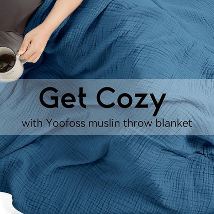 Yoofoss Muslin Blanket 100% Organic Cotton Large Twin Size 60" x 80" for Bed Couch Summer Gauze Blanket for Adults Lightweight and Breathable Dark Blue