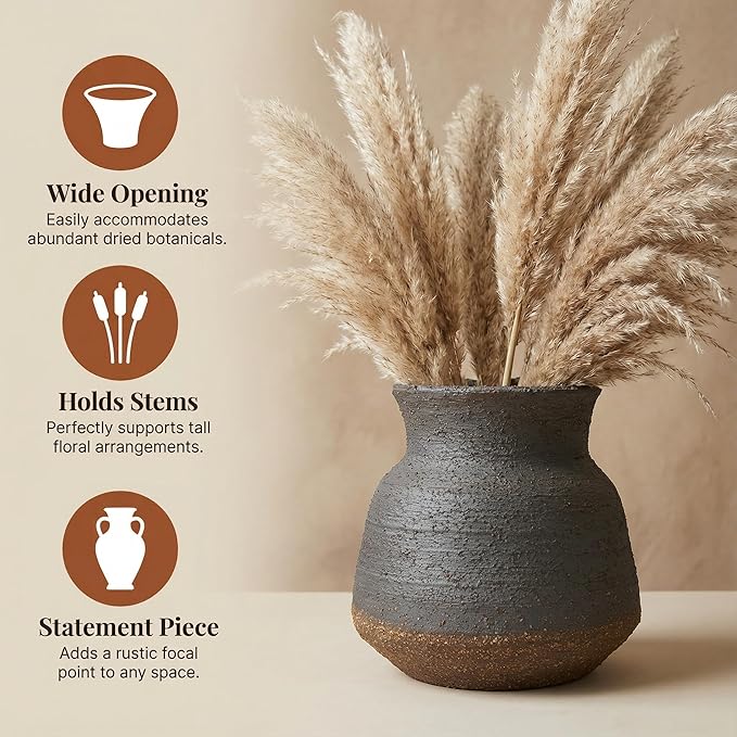 6IN Rustic Farmhouse Ceramic Vase Home Decor, Handmade Vintage Stoneware Clay Pottery Terracotta Textured for Modern Farmhouse, Living Room, Office Desk Table Shelf (Brown and Black)