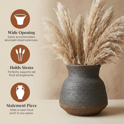 6IN Rustic Farmhouse Ceramic Vase Home Decor, Handmade Vintage Stoneware Clay Pottery Terracotta Textured for Modern Farmhouse, Living Room, Office Desk Table Shelf (Brown and Black)