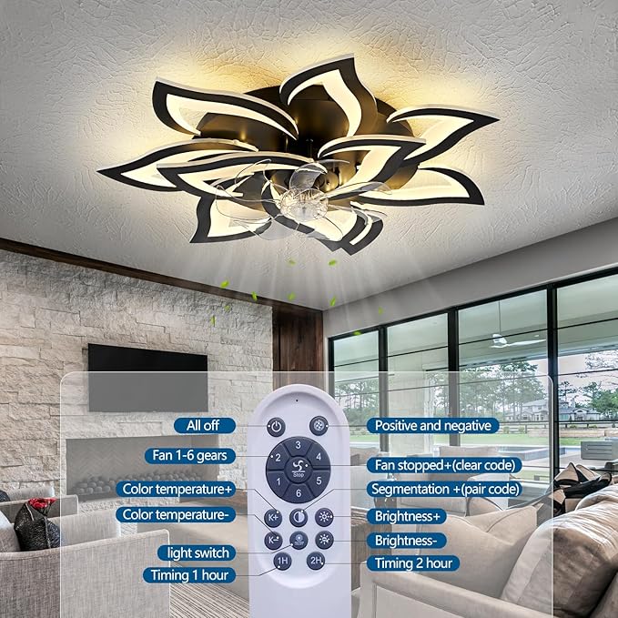 HuixuTe 32" Modern Geometric Ceiling Fan with Lights Remote Control, Black 6 Speeds 3 Colors Low Profile Ceiling Fan with Light for Living Room