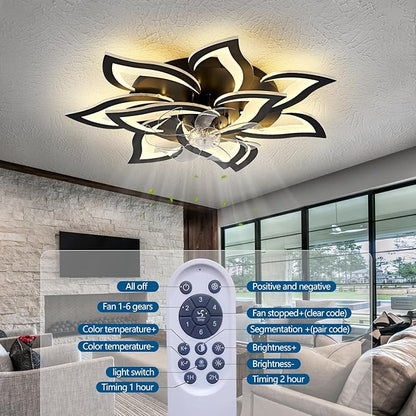 HuixuTe 32" Modern Geometric Ceiling Fan with Lights Remote Control, Black 6 Speeds 3 Colors Low Profile Ceiling Fan with Light for Living Room