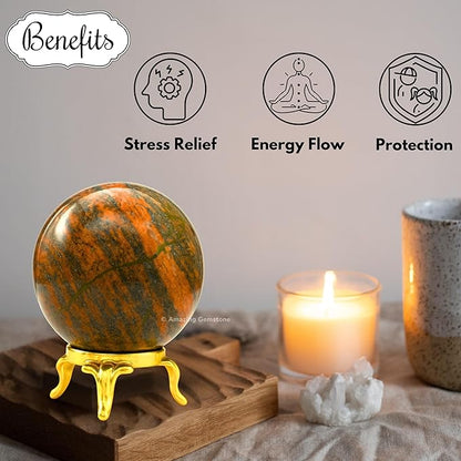 Amazing Gemstone Unakite Crystal Ball with Stand - 1.5 Inches Crystal Sphere Meditation Balls for Witchcraft and Decorative Balls