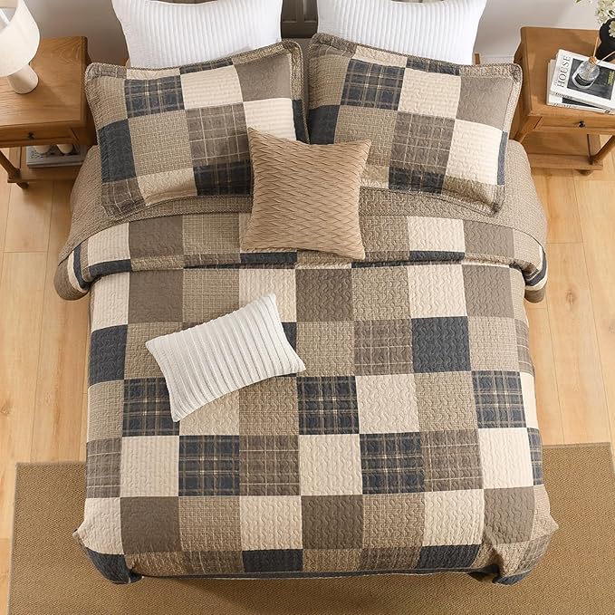 100% Cotton 120"x120" Oversized Quilt Bedspread, Plaid Pattern California King Extra Large Quilt Bedding Set, Reversible Cal King XL Bed Spread Lightweight Comforter, Brown/Beige/Cream, 3Pcs