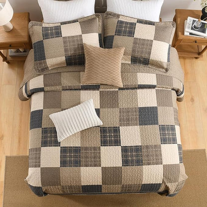 100% Cotton 120"x102" Oversized Quilt Bedspread, Plaid Pattern Oversized Queen Extra Large Quilt Bedding Set, Reversible XL Bed Spread Lightweight Comforter, Brown/Beige/Cream, 3Pcs