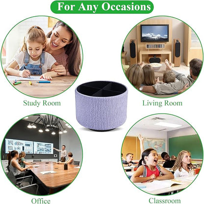 Round Leather Art Supply Organizer,Remote Control Holder,360 Degree Spinning,Multi-Functional Pencil Holder,4 Compartments Desktop Stationary Organizer(1-Wood Blue Purple)