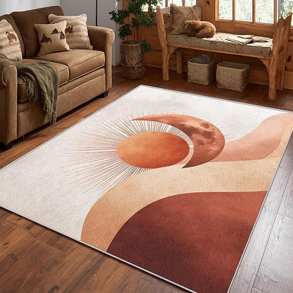 Boho Sun Rug, 6x8 Area Rugs Moon Mountain Abstract Terracotta Pattern for Living Room, Bedroom, Boho Sun Home Decor Accessories Indoor Carpet, Non Slip & Machine Washable