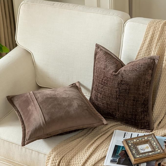 Yaertun Pack of 2 Chenille Textured Decorative Throw Pillow Covers Accent Solid Cushion Cover Soft Cozy Pillow Case with Velvet Back for Couch Sofa Bed Living Room 24x24 Inch Coffee
