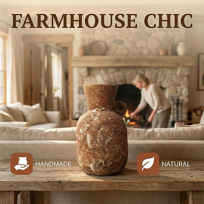 7IN Rustic Farmhouse Ceramic Vase Home Decor,Handmade Vintage Stoneware Clay Pottery Terracotta Textured for Modern Farmhouse, Living Room, Office Desk Table Shelf (Brown1)