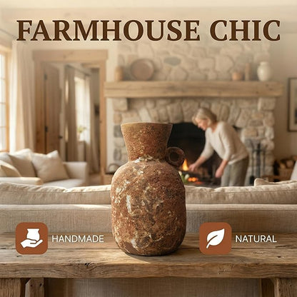 7IN Rustic Farmhouse Ceramic Vase Home Decor,Handmade Vintage Stoneware Clay Pottery Terracotta Textured for Modern Farmhouse, Living Room, Office Desk Table Shelf (Brown1)