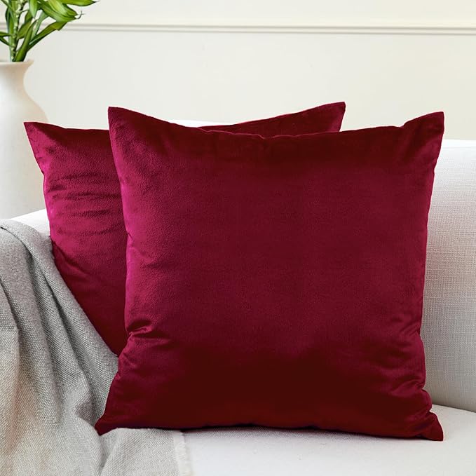 Encasa XO Velvet Throw Pillow Covers 18x18 in (45x45 cm) - Maroon - Set of 2 No Inserts, Only Pack of 2 Cases | Soft Square Decorative Euro Shams Cushion Cover for Couch, Sofa