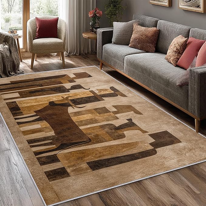 Boho Rug, 3x5 Area Rugs Abstract Art Cow People Pattern for Entryway, Living Room, Bedroom, Boho Home Decor Accessories Indoor Carpet, Non Slip & Machine Washable