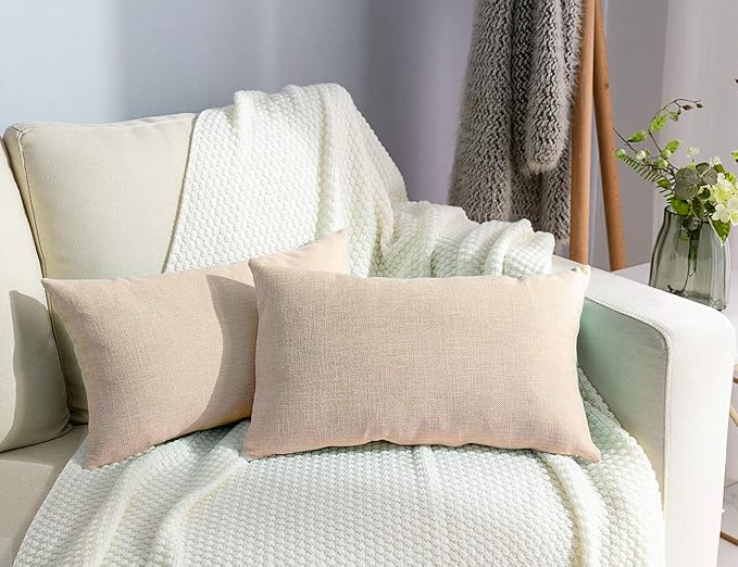Stellhome Rectangle Linen Throw Pillow Covers Solid Burlap Farmhouse Decorative Pillowcase for Home Decoration, Set of 2, 12 x 20 inch (30 x 50 cm), Beige