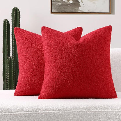 FUTEI Christmas Pack of 2 Red Decorative Throw Pillow Covers 18x18 Inch Soft Cozy Solid Boucle Textured Cushion Case,Modern Home Decor for Couch Bed Living Room