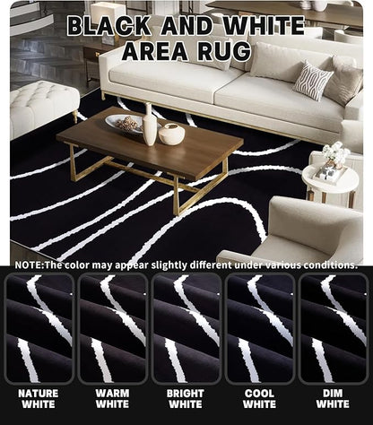 YIHOUSE Black Modern Area Rug 6x9,Abstract Rugs for Bedroom,Black and White Geometric Rug,Minimalist Wave Rug,Dark Washable Area Rugs 6x9 Non Slip Rugs for Living Room，Office