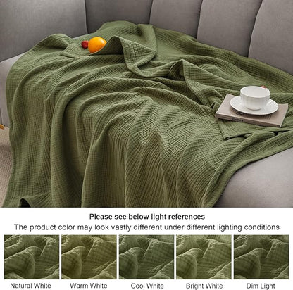 PHF 100% Cotton Muslin Blanket King Size 108"x90", 4-Layer Lightweight Gauze Throw, Breathable Cloud-Soft Minimalist Blanket for Bed, Couch, Camping & Baby, Olive Green, Ideal Gift